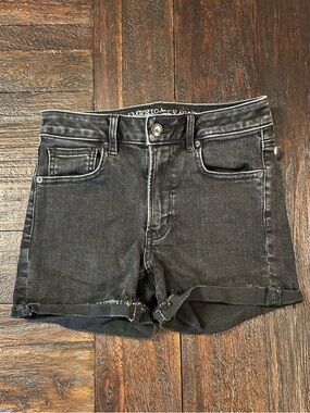 American Eagle Outfitters Washed Black Denim Super Hi Rise Shortie Shorts